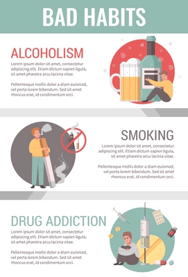Bad habit infographics set with smoking and drug abuse addiction cartoon symbols vector illustration