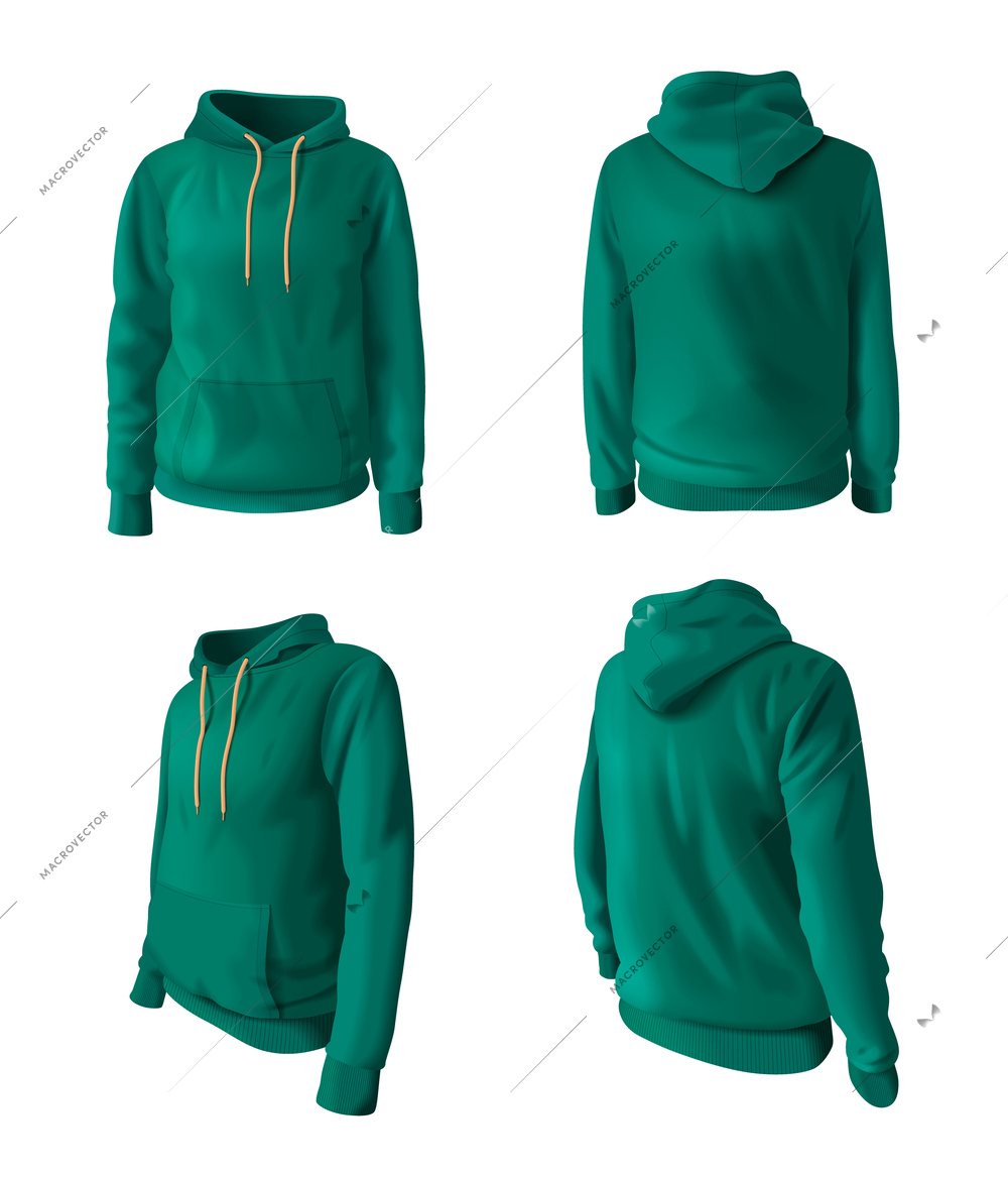 Realistic hoodies and hooded sweatshirts mockup set in green color isolated vector illustration