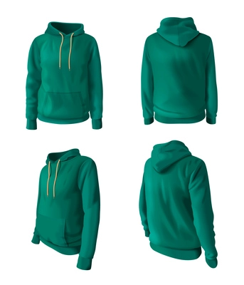 Realistic hoodies and hooded sweatshirts mockup set in green color isolated vector illustration