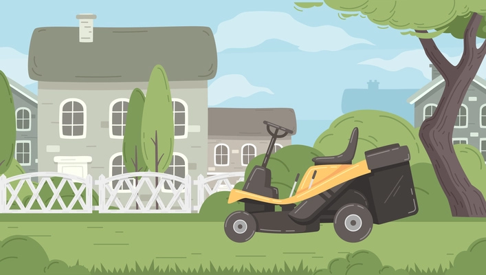 Lawn mowing cartoon poster with grass cutting machine and country house on background vector illustration