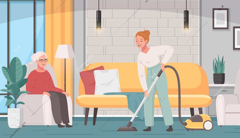 Elderly care cartoon concept with girl cleaning flat vector illustration