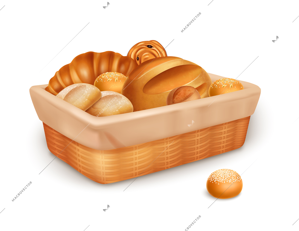 Realistic fresh bread loaves and pastry in wicker basket vector illustration