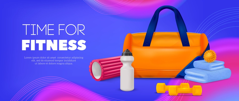 Realistic time for fitness horizontal poster with gym bag and various tools for workouts on bright blue and pink background vector illustration