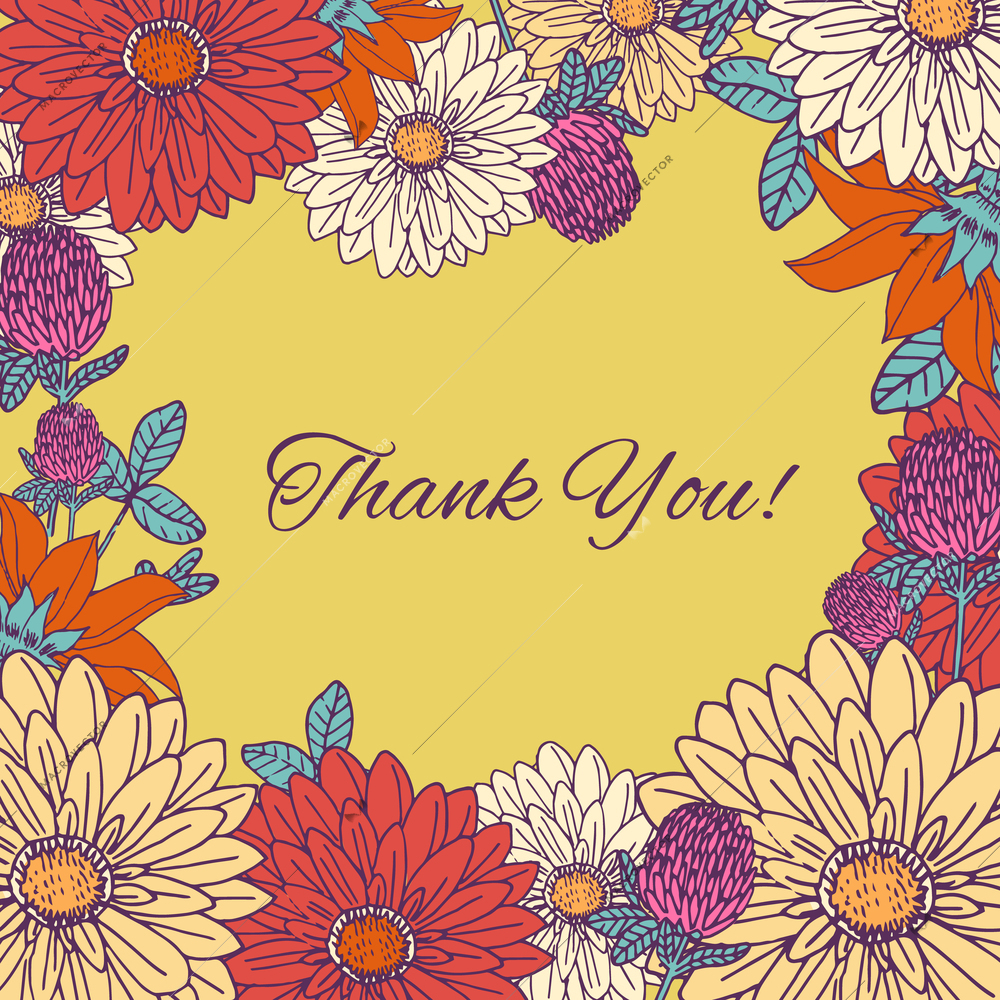 Vintage flowers hand drawn thank you greetings postcard background vector illustration