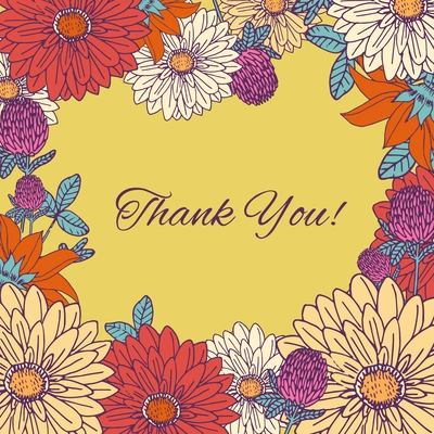 Vintage flowers hand drawn thank you greetings postcard background vector illustration