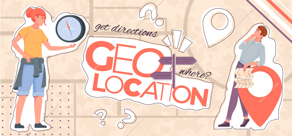 Geolocation getting directions flat collage with pin pointers and people orienteering with compass and paper map vector illustration