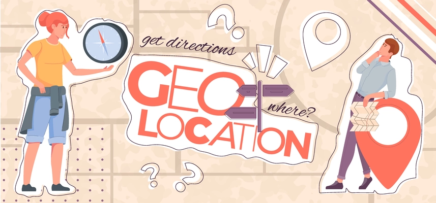 Geolocation getting directions flat collage with pin pointers and people orienteering with compass and paper map vector illustration