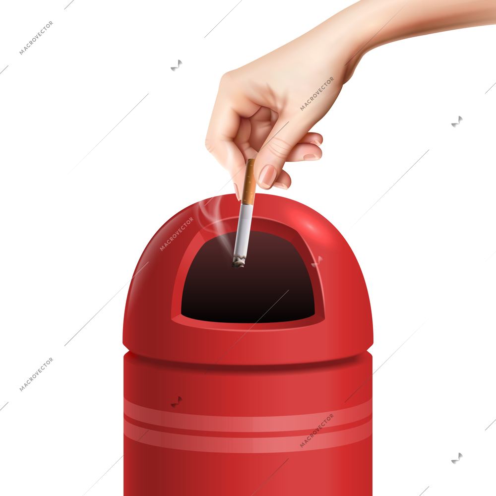 Realistic bin composition with human hand throwing cigarette into red metal waste container on blank background vector illustration