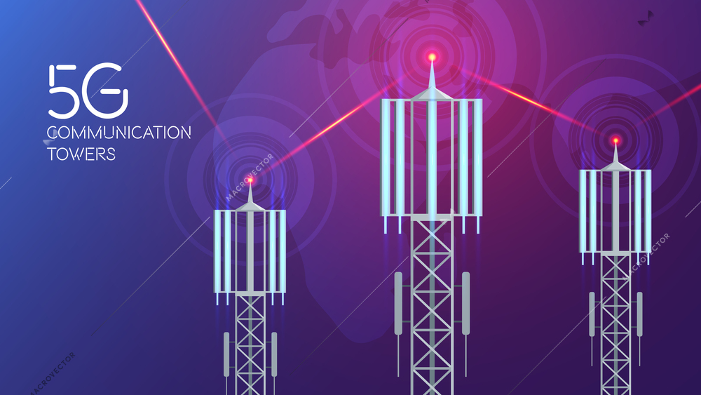 Communication towers 5g composition with radio waves lasers background and text with images of cellular towers vector illustration