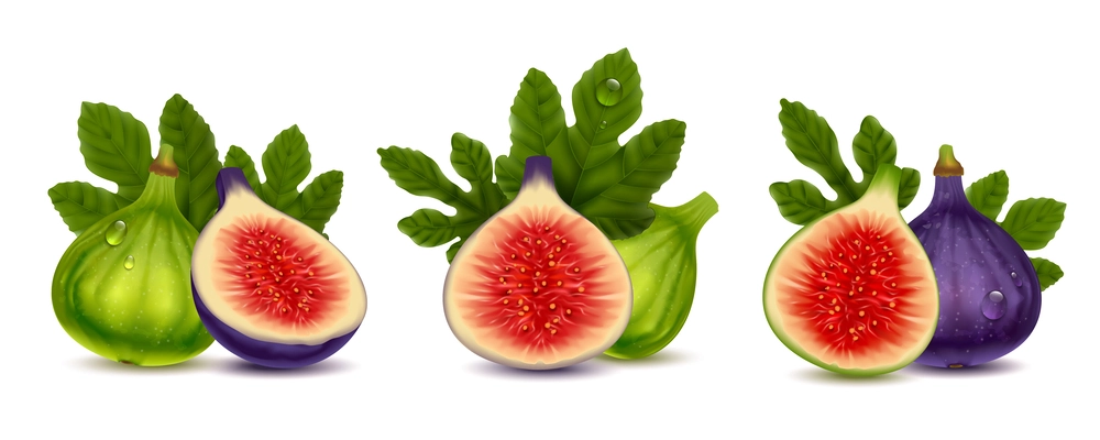 Figs realistic compositions of whole and half fruits with green and purple thin skin and leaves isolated vector illustration