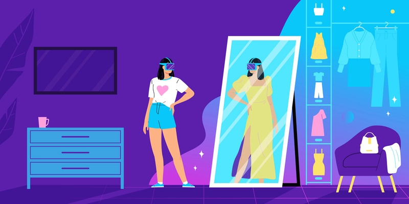 Augmented reality horizontal background with young girl in VR glasses trying on outfits in virtual store flat vector illustration