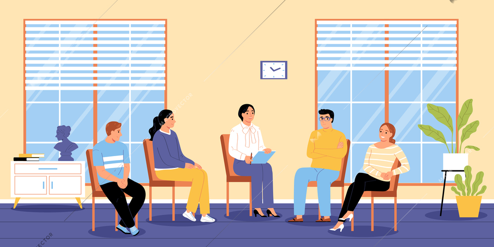 Group therapy treatment background with female and male characters counseling with psychologist flat vector illustration