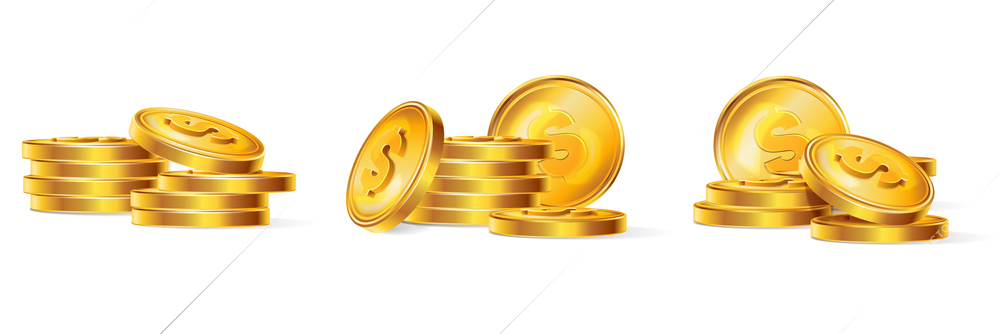 Realistic golden coins set of isolated compositions with piles and stacks of cents on blank background vector illustration