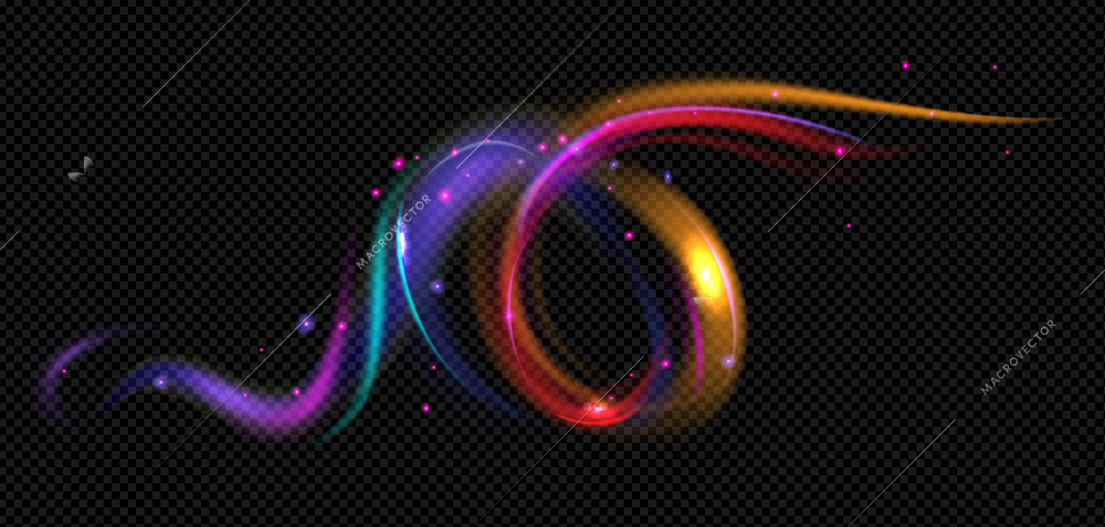 Realistic wind swirls composition with isolated rainbow colored air curl with shining particles and dark background vector illustration