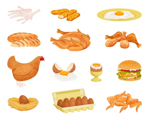 Chicken products flat set of isolated icons with hen and eggs with products ready to eat vector illustration