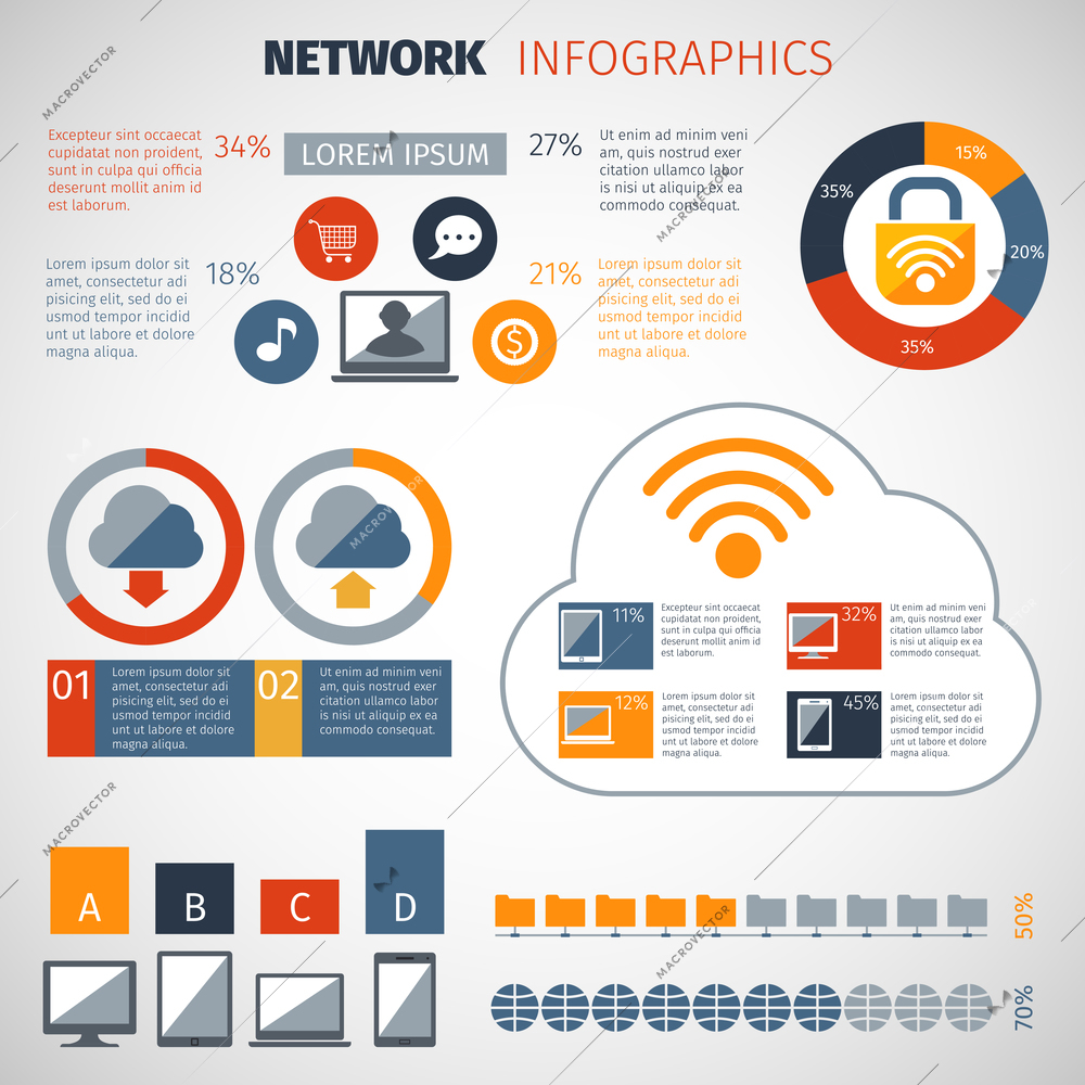 Network infographics set with chart and computer database configuration elements vector illustration