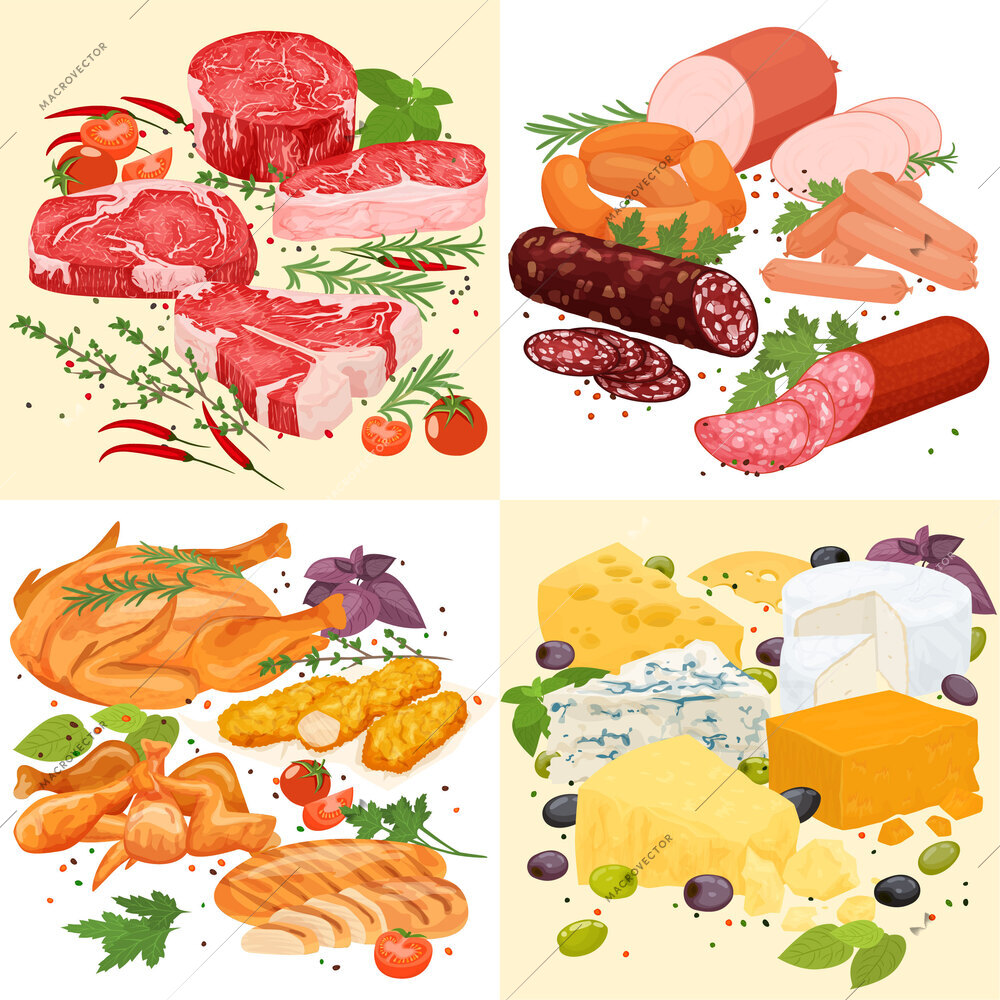 Meat products flat set with square compositions of served steaks pork sausages ham bacon and cheese vector illustration