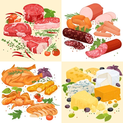 Meat products flat set with square compositions of served steaks pork sausages ham bacon and cheese vector illustration