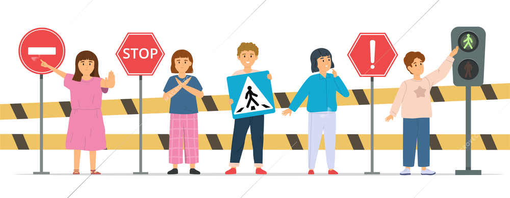 Children road rules composition with set of kids characters holding traffic signs with light and barriers vector illustration