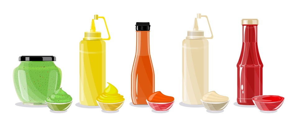 Sauces flat set with bottles and dishes of wasabi cheese ketchup mayonnaise chili isolated vector illustration