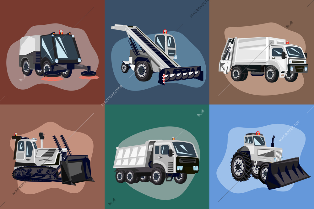 Municipal transport set of flat road cleaning vehicles and trucks on color background isolated vector illustration