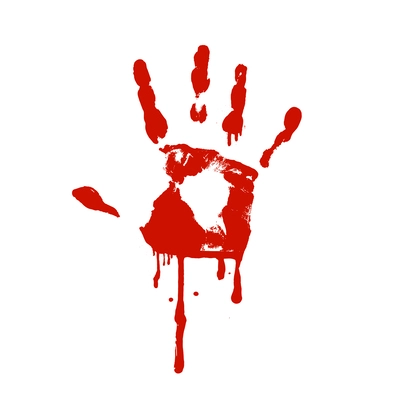 Scary blood human hand blot on white background realistic vector illustration