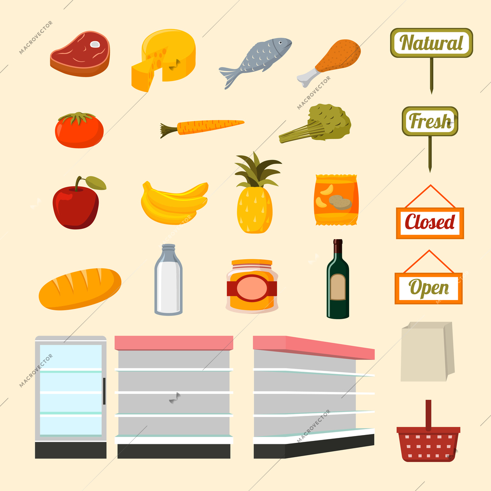 Collection of flat supermarket food items of fresh and natural vegetables fruits meat and dairy products isolated vector illustration