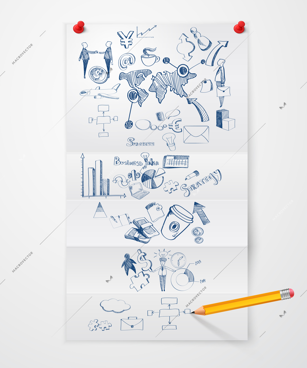 Folded paper sheet with business symbols pushpins and pencil vector illustration