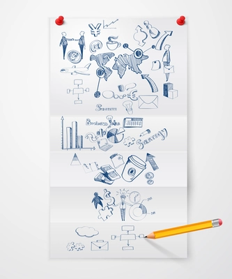 Folded paper sheet with business symbols pushpins and pencil vector illustration