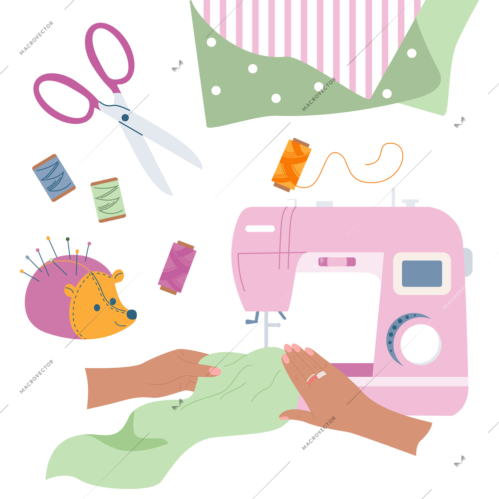 Hands craft flat composition with blank background and isolated images of sewing machine hands and tools vector illustration