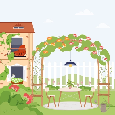 Home gardening flat composition with outdoor scenery of house backyard with greenhouse flowers and binding weed vector illustration