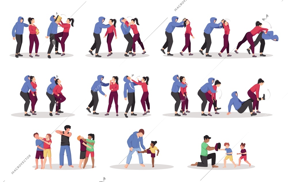 Self defense training flat set with isolated characters of male hooligans being kicked by women children vector illustration