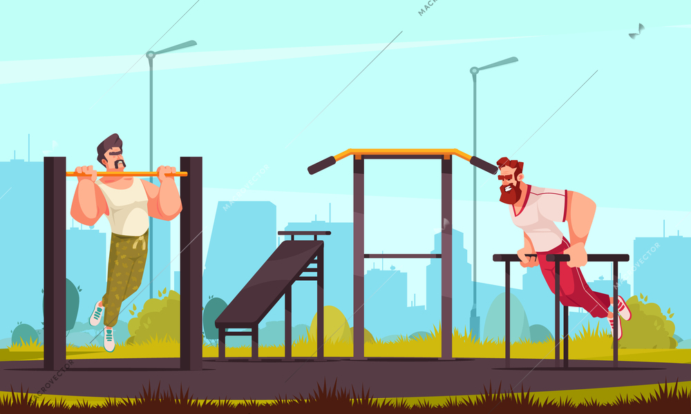 Cartoon workout concept with males doing sports training outdoors vector illustration