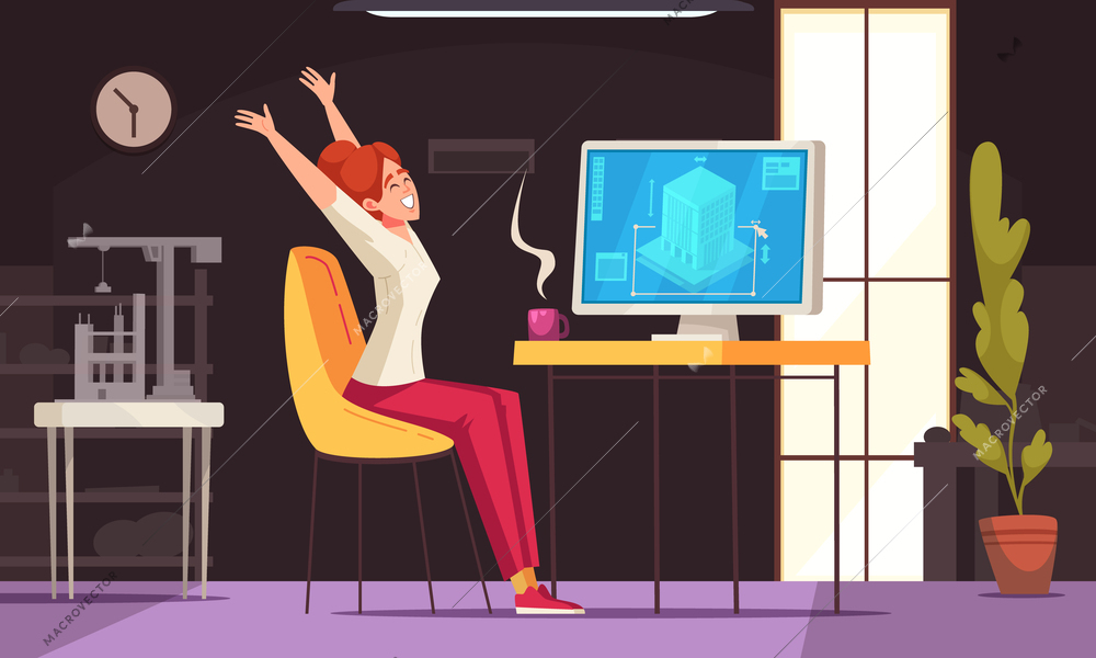 Workplace stretches cartoon poster with woman at desktop vector illustration