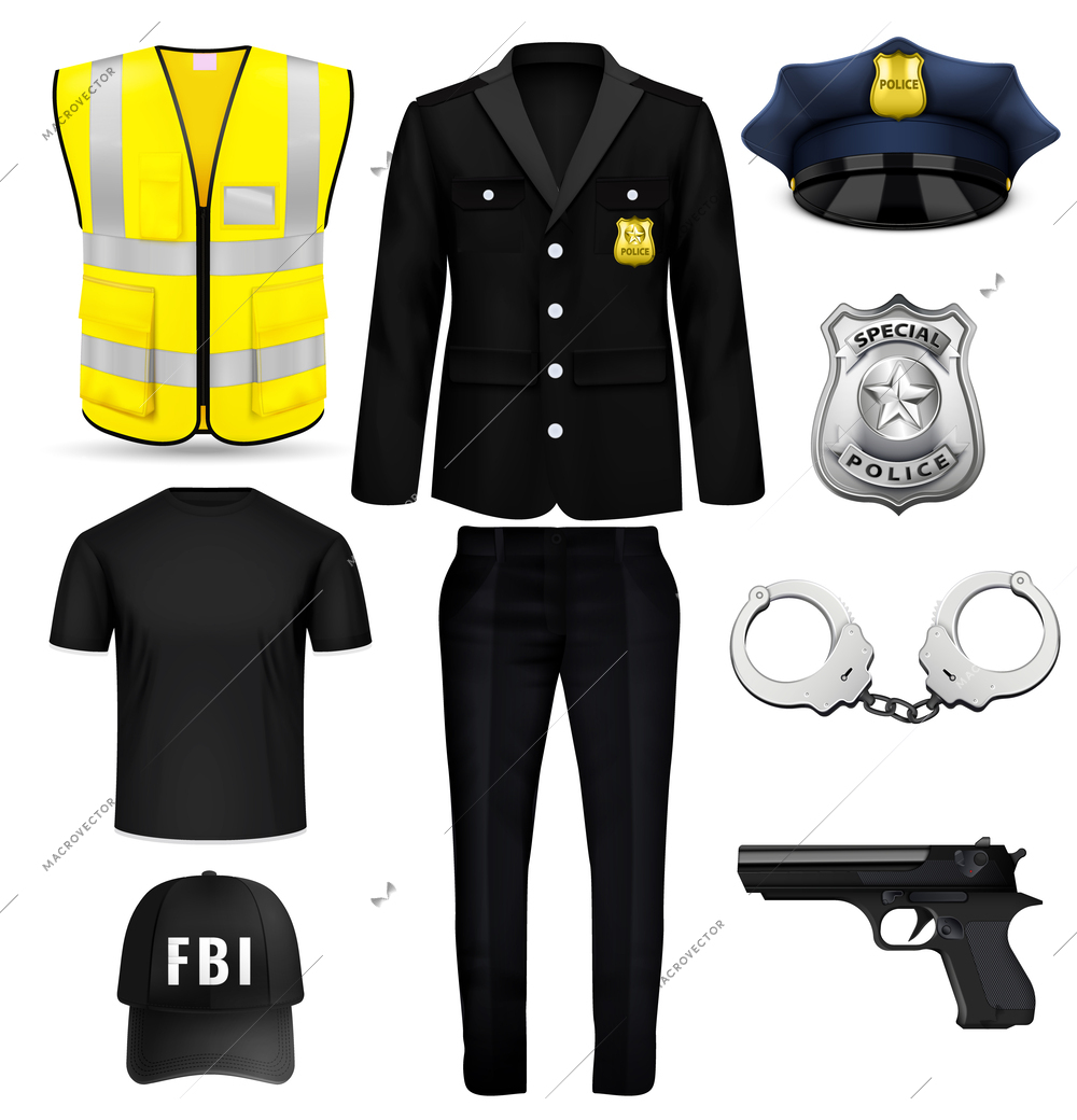 Fbi policeman uniform and equipment realistic set with reflective vest handgun cap clothing handcuffs badge isolated vector illustration