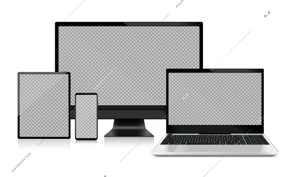 Realistic electronic devices mockup with transparent background on monitors and screens of computer laptop tablet and smartphone vector illustration