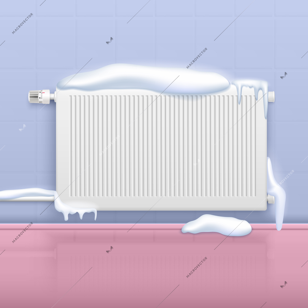 Realistic broken frozen house heater covered with snow vector illustration