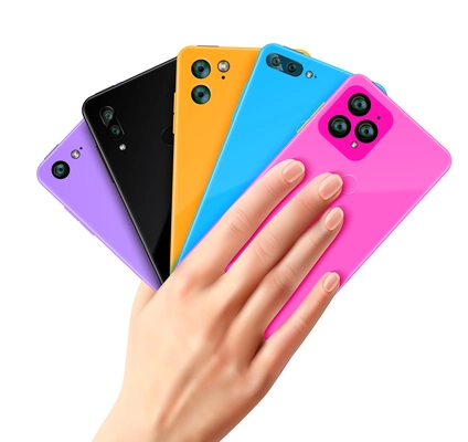 Female hand holding several smartphones of different colors on white background vector illustration