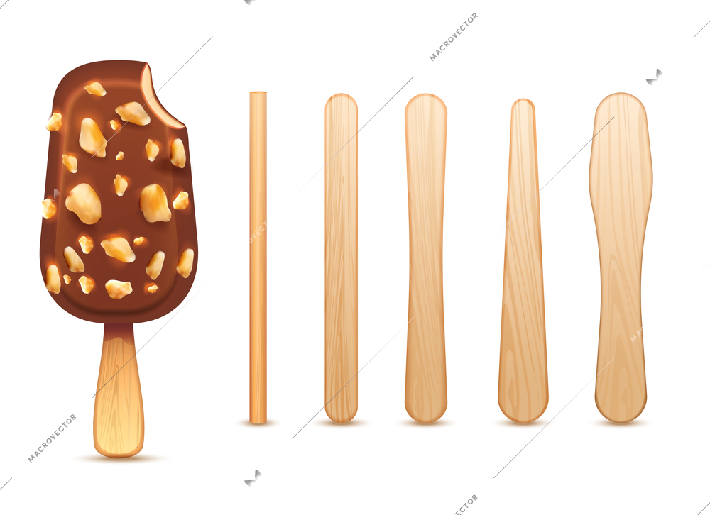 Realistic set of bitten chocolate covered ice cream with nuts and wooden sticks isolated vector illustration
