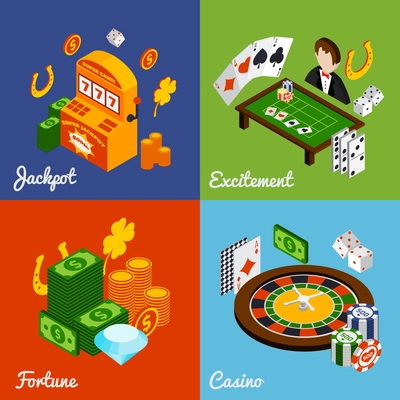 Casino isometric design concept set with jackpot excitement fortune icons isolated vector illustration