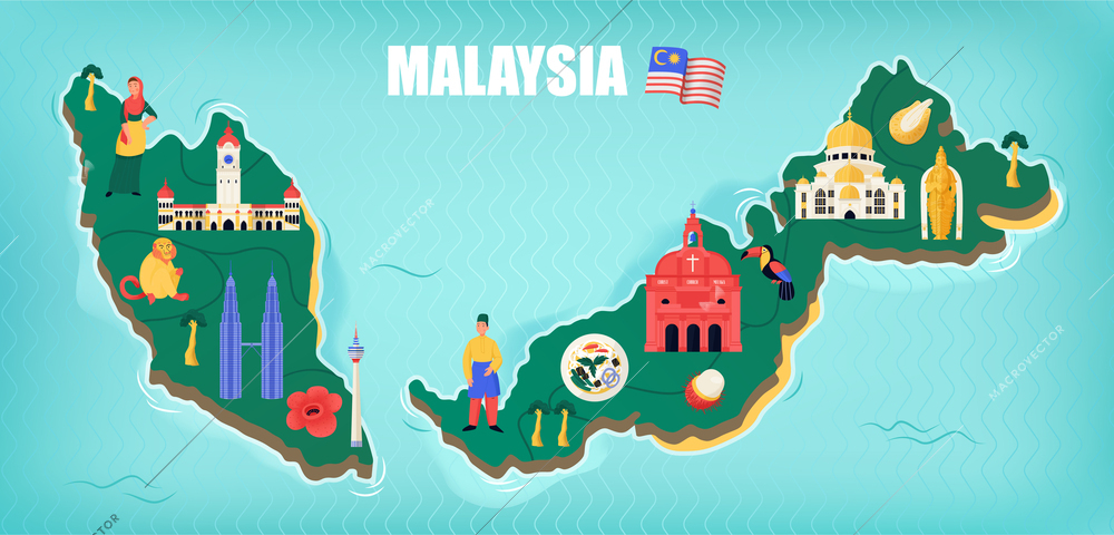 Malaysia map flat concept with travel landmarks and symbols vector illustration