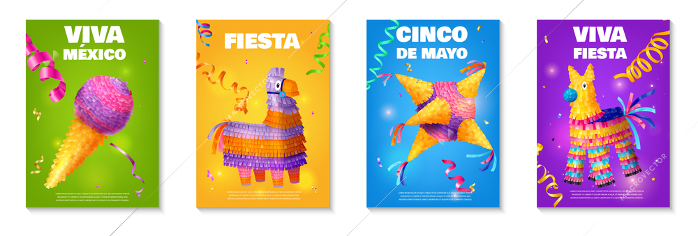 Realistic mexican cinco de mayo pinata poster set isolated vector illustration