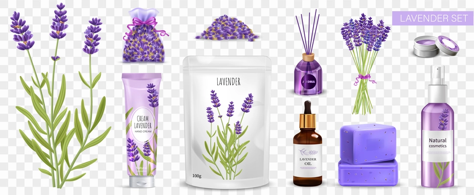 Realistic lavender products icons set on transparent background isolated vector illustration