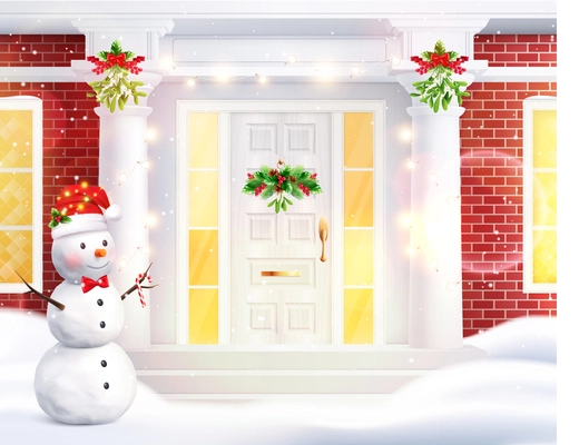 Traditional house composition with front view of snowy home entrance with festive christmas decorations and snowman vector illustration