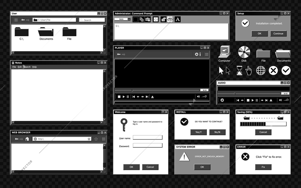 Old program windows set with isolated monochrome images of retro application interface with icons and buttons vector illustration