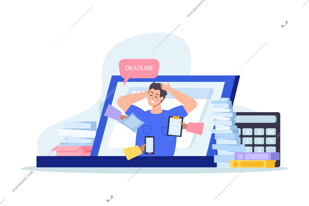 Business stress flat background composition with view of workplace with calculator papers laptop and distressed worker vector illustration