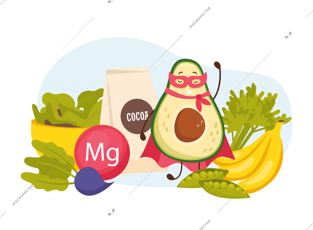 Cartoon avocado flat composition with view of ripe greens and banana with cocoa and superhero fruit vector illustration