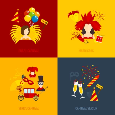 Venice mardi gras brazilian celebration traditions 4 flat icons of carnival season composition abstract isolated vector illustration