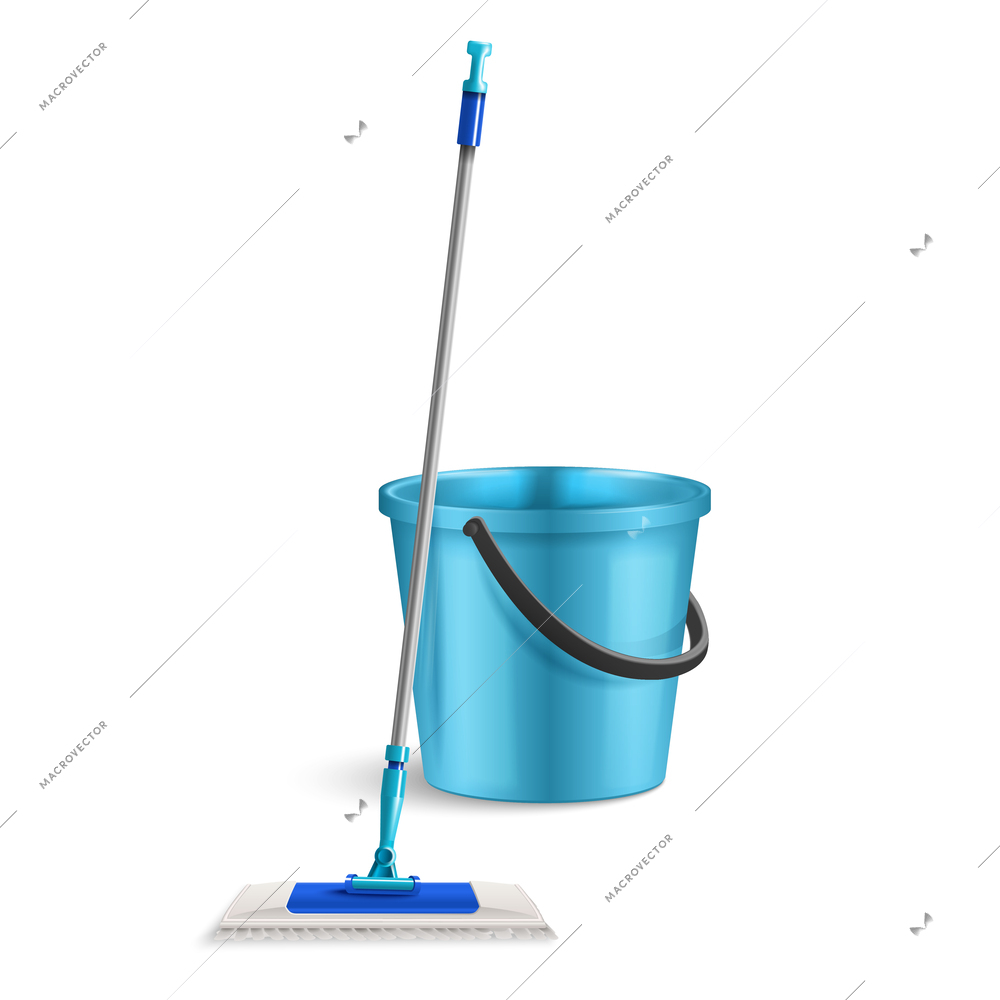 Realistic cleaning bucket broom mop composition with empty background and view of plastic bucket with swab vector illustration