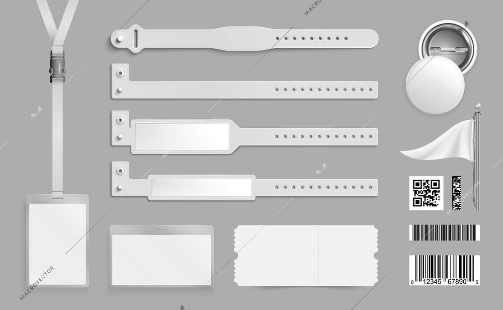 Realistic plastic bracelet control set with monochrome images of flexible bands badges and barcodes with merch vector illustration